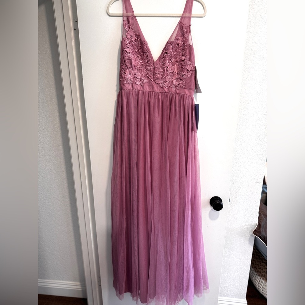 PromGirl Mauve Lace & Tulle V-Neck Evening Gown
